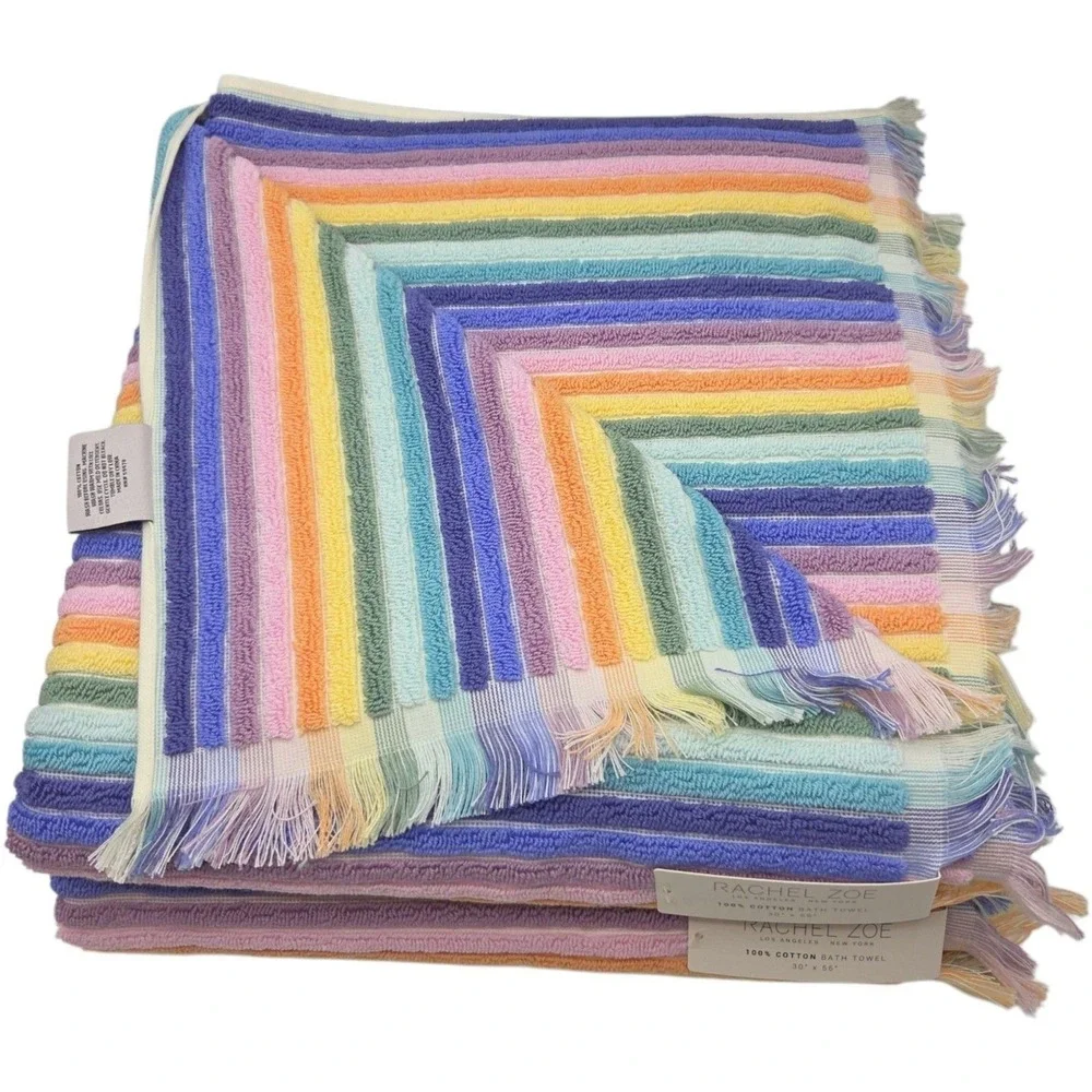 Rachel Zoe 8pc Rainbow Striped Fringe Cotton Towel Set 2 Bath 4Wash 2Hand Multi